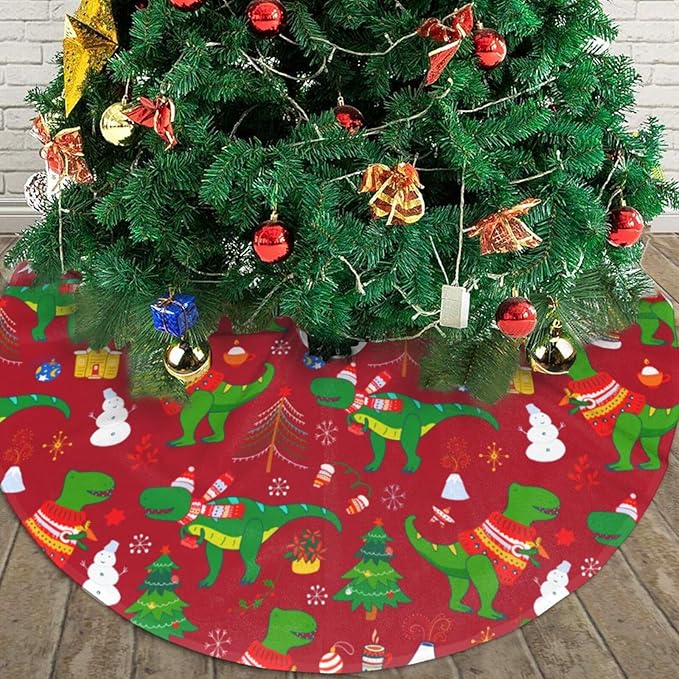 Cute Christmas Dinosaur Christmas Tree Skirt 48 Inches Animal Tree Skirt Xmas Tree Mat Holiday Party Supplies Christmas Tree Decorations