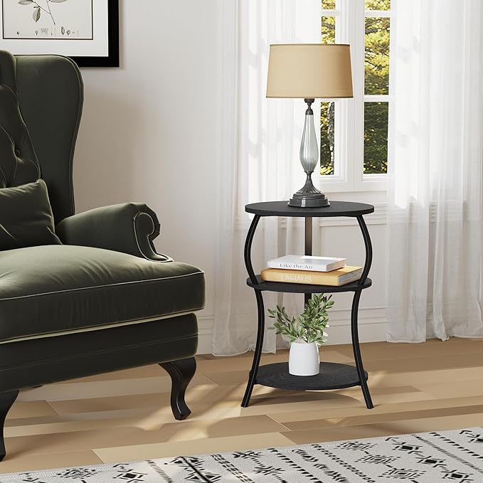 Round Side Table, 3-Tier Waist End Table with Storage Shelf, Side Tables Living Room,15.75x24’’Round Table, Sofa Side Table, Snack Table TV Tray Table, Vintage Nightstand for Bedroom,Black