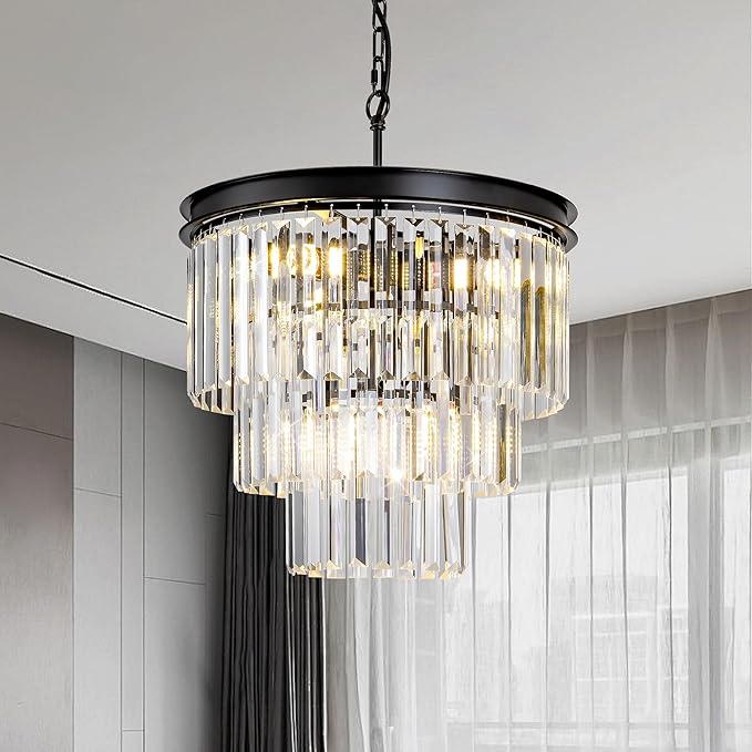 Round Crystal Chandelier 6-Lights 15.8" Black K9 Crystal Pendant Lights 3-Tier Luxury Hanging Dining Room Light Fixture for Living Room Bedroom Kitchen Island Entryway Hallway