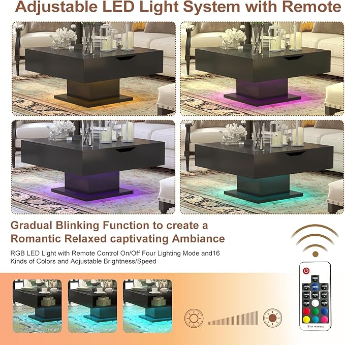Square Lift Top Coffee Table with Storage, Black Led Coffee Table for Living Room with Large Hidden Storage, 30.7" Wood Table Led Center Table for Dining Reception Room