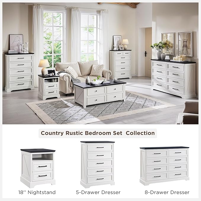 ACCOHOHO 18" Farmhouse Nightstand with Charging Station,End Table with 2 Drawers Storage,Side Table,Bedside Cabinet for Bedroom,Living Room,White