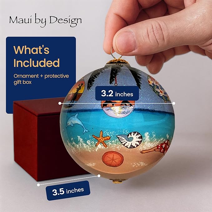 Hawaiian Ornament Christmas Under Palm Trees: Collectible Hand-Painted Glass Keepsake with Gift Box
