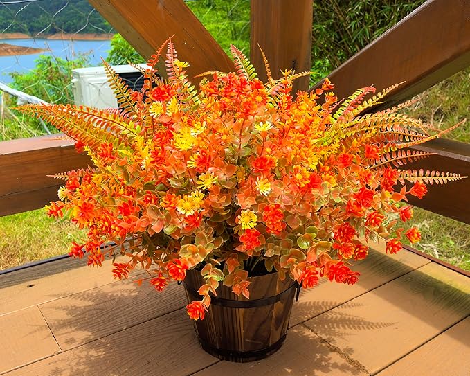 18 PCS Artificial Mums Fall Flowers for Outdoors, Artificial Plants Outdoor Fake Mums UV Resistant, Outdoor Fake Plants Plastic Faux Flowers for Porch Window Box Garden (Orange Red)
