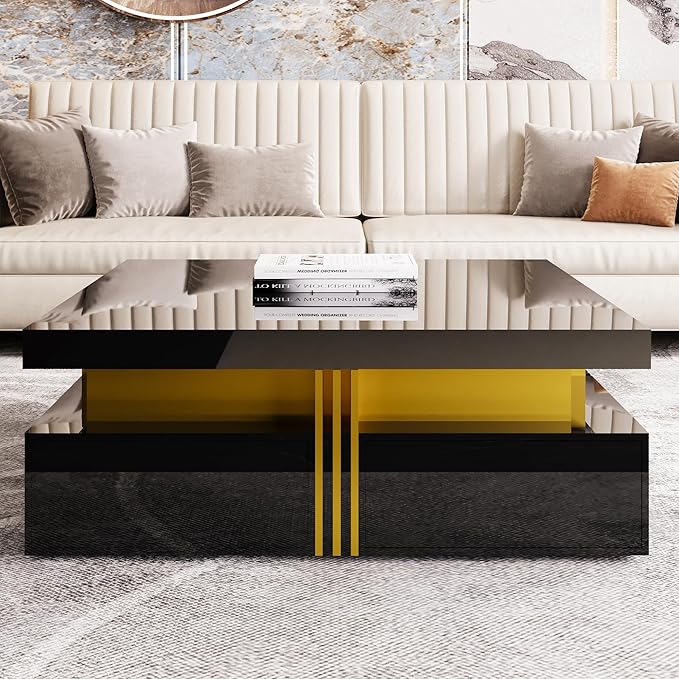 Merax 43.3" Modern Glossy Square Storage Coffee Table with 4 Drawers, Gold Accents, Functional Center Tables for Living Room Apartment, Glossy Black