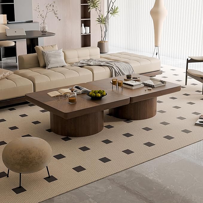 Square Coffee Table with Round Wood Pedestal Coffee Tables for Living Room, Modern Rustic Center Table Easy Assembly Walnut-ø34.6"&ø34.6 ø14.9