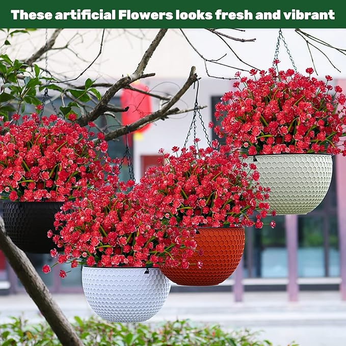 Lnoicy 10pcs Artificial Flowers for Outdoor,Plastic Flowers Decoration, UV Resistant Faux Flowers Shrubs, Artificial Plants for Indoor Outside Garden Home Wedding Farmhouse(Red)