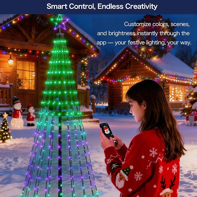 Christmas Cone Tree Lights, 8.5ft 460 LEDs Christmas Tree Lights with App Control, IP67 Waterproof Outdoor String Lights for Xmas Decorations,100+ Scene Modes, Music Sync,Adapter,Black Stand