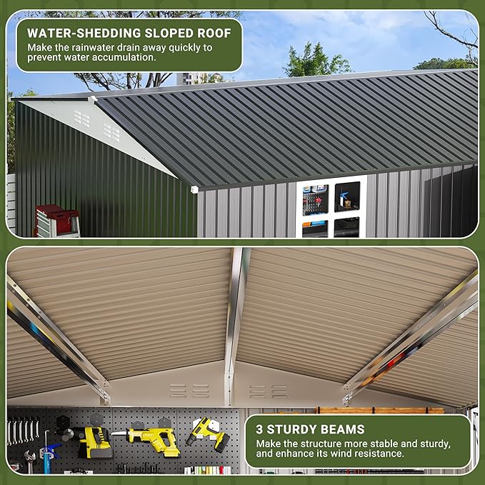 Polar Aurora 12X14 FT Outdoor Storage Shed with Windows, Metal Garden Shed with Updated Lockable Doors and Frame Structure, Large Tool Sheds for Backyard Garden Patio Lawn,Black