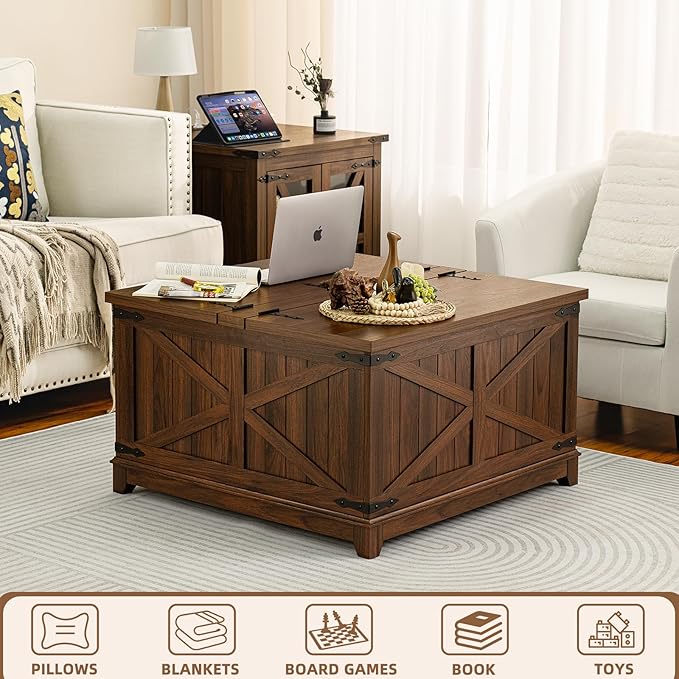 Farmhouse Coffee Table with Hidden Storage Space, Wood Square Large Center Table for Living Room, Farm House Rustic Brown Retro Coffee Tables with Hinged Lift Top for Meeting Room, Home