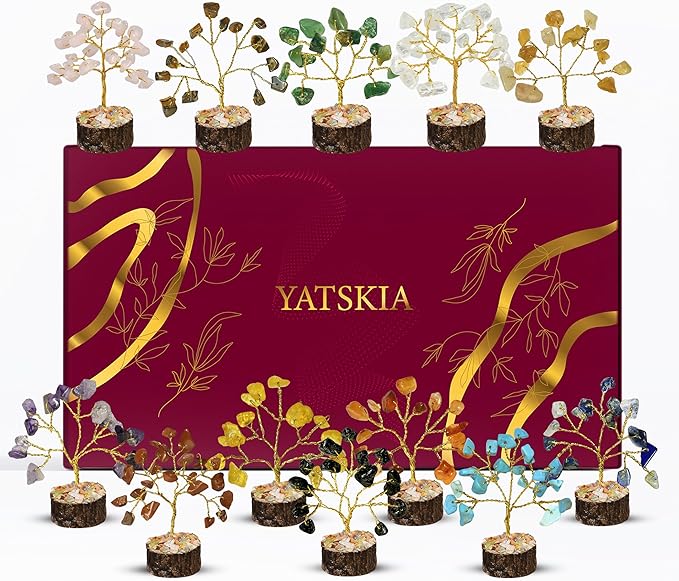 YATSKIA Crystal Tree Gifts for Women, Crystals and Stones, Home Office Desk Decor, Crystal Tree of Life Decor, Money, Spiritual, Reiki, Good Luck Gifts for Mom (Set of 12 Mini Trees)