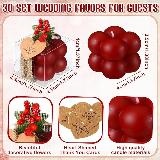 MTLEE 30 Sets Mini Bubble Candles Wedding Favors Gifts for Guests 1.57" x 1.38" Bubble Candles with Cards Dried Flowers DIY Gift Set for Baptism Party Bridal Shower Thank You Gifts (Burgundy Red)