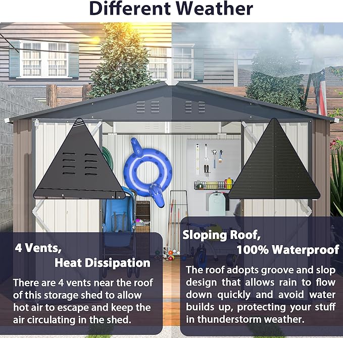 10x10 FT Outdoor Storage Shed, Large Metal Garden Shed with Lockable Hinged Doors, Outside Tool Shed with Sloped Roof & 4 Air Vents, Waterproof Storage Building for Backyard, Patio, Lawn, Brown