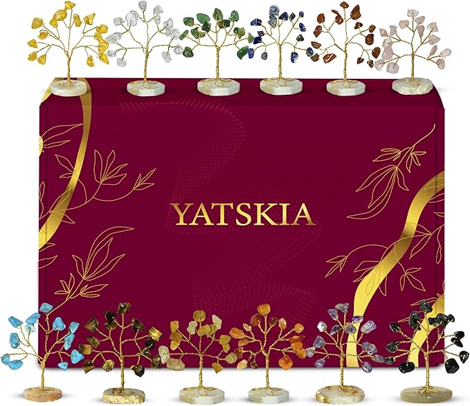 YATSKIA Chakra Crystals Tree, Birthday Gift For Women, Gemstones And Crystals, Natural Crystal Gemstone Tree, Crystal Home Decor, Mom Birthday Gifts, Feng Shui, Reiki Gift (Set Of 12 Slice Base Trees)