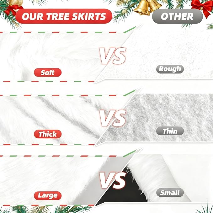 Christmas Tree Skirt, 60 inches White Luxury Christmas Tree Skirts, Xmas Faux Fur Tree Skirt Decorations for Christmas New Year Party
