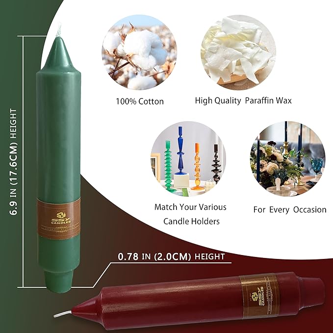 7 Inch Taper Candles Candle Sticks Handmade Unscented Set of 4 Smokeless Long Burning Dripless Tapered Candle for Christmas Home Decoration(Red Green)