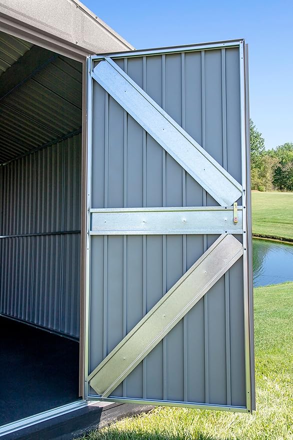 Arrow Shed Elite 14' x 16' Tall Outdoor Steel Storage Shed with High Gable and Lockable Doors Storage Building, Cool Grey