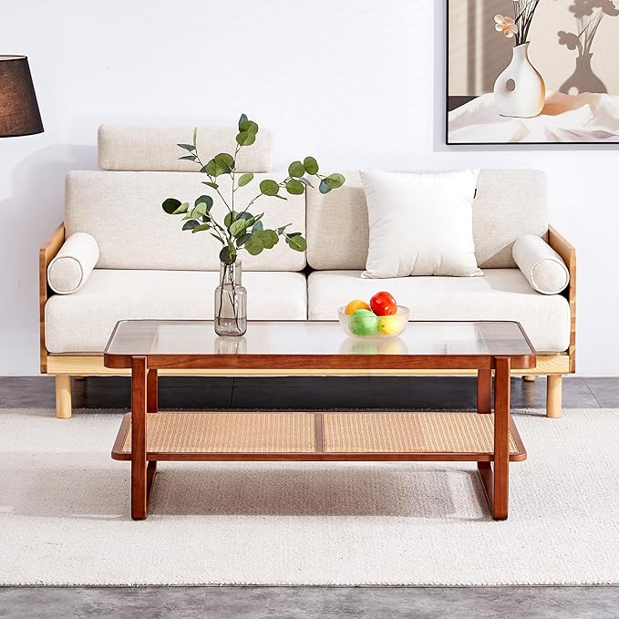 Rattan Coffee Table,Rustic Style Wooden Coffee Table,Rectangular Wood Living Table for Living Room,Glass Top Center Table with Imitation Rattan Storage Shelf