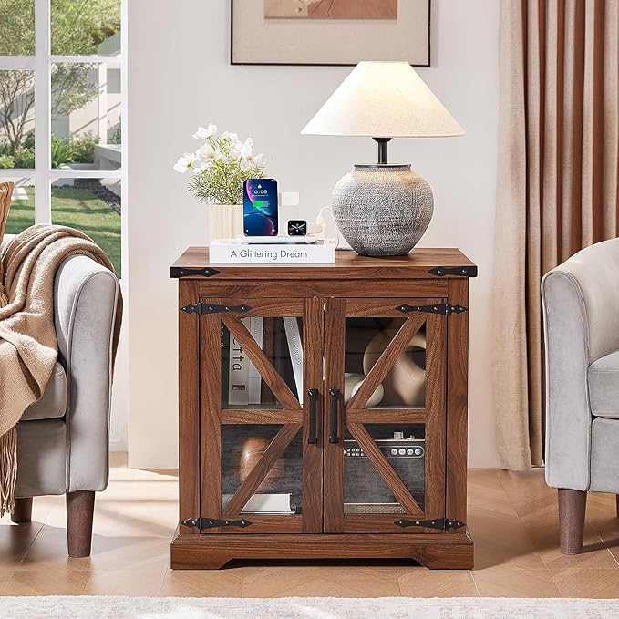 Farmhouse End Tables Living Room Set of 2, Small Night Stand and 24" Large Side Table with Charger Station, Wood Furniture Sets, Nightstand Bedside End Table for Bedroom