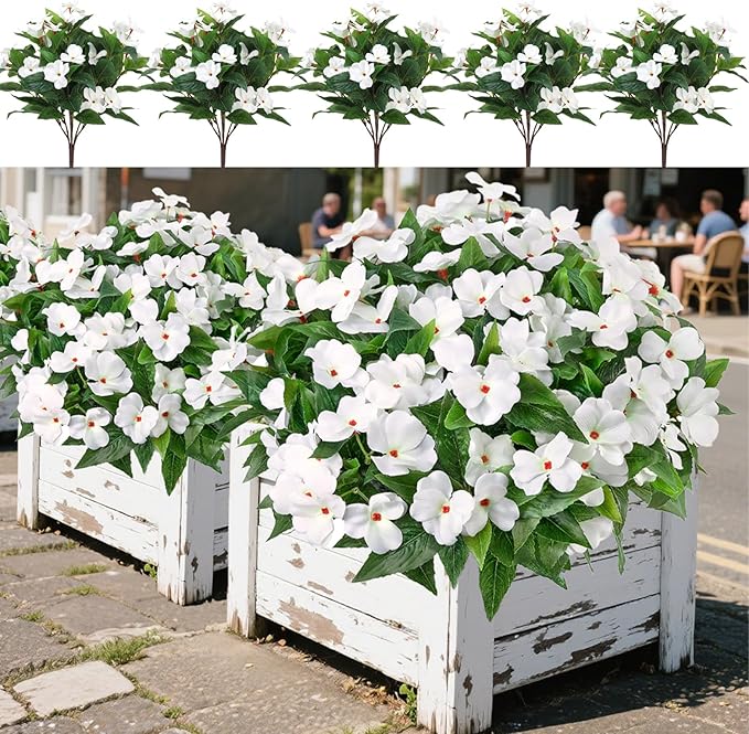 5PCS Artificial Impatiens Bouquet Flowers for Outdoors Silk Faux Flowers for Outdoor Fake Planters UV Resistant Spring Summer Indoor Decor Garden Porch Patio Window Kitchen Balcony, White