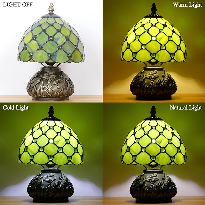 Small Tiffany Lamp Mini Stained Glass Table Lamp Green Yellow Pearl Style Mushroom Accent Lamp 8X11 Inch