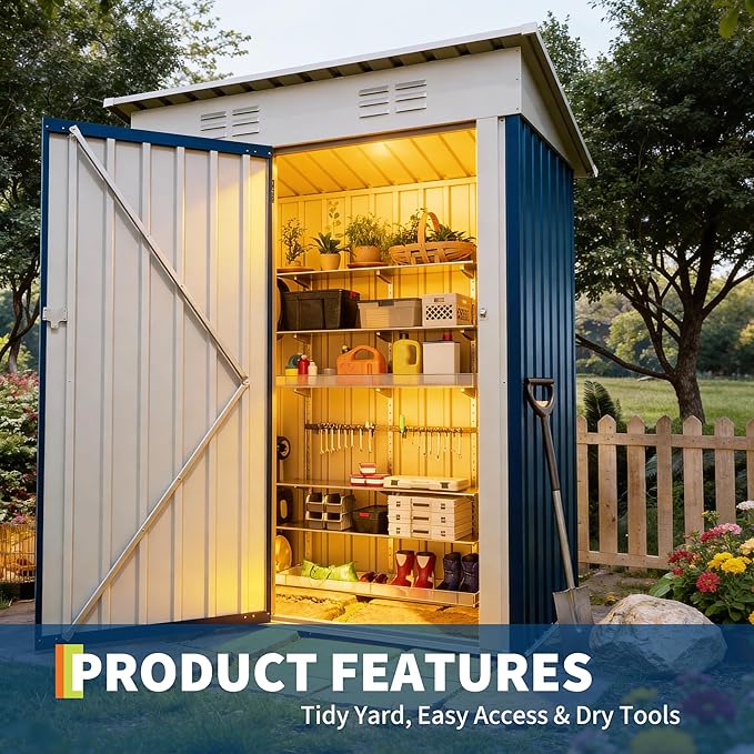 5x3FT Multi-Used Shed & Outdoor,Storage Shed with Lockable Door,Anti-Corrosion Storage House with Sloping Roof for Backyard Outdoor Patio(Navy Blue)