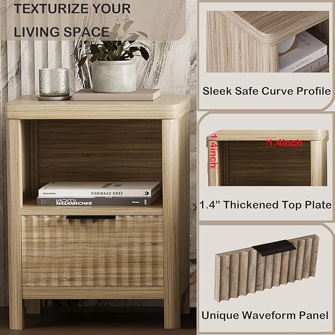 Nightstand Night Stand with Drawer Storage, Large Modern Wood Bed Side Table with Fluted Panel, Mid Century Farmhouse Sofa Couch End Table for Bedroom (Nature Wood, 20 * 15Inch /1 Piece)