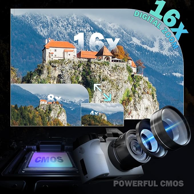 True 5K Digital Cameras for Photography 64MP - 16X Zoom, WiFi, with 64GB TF Card, Wide-Angle & Macro Lens, Autofocus & Anti-Shake, Vlogging Camera for YouTube Travel (White)