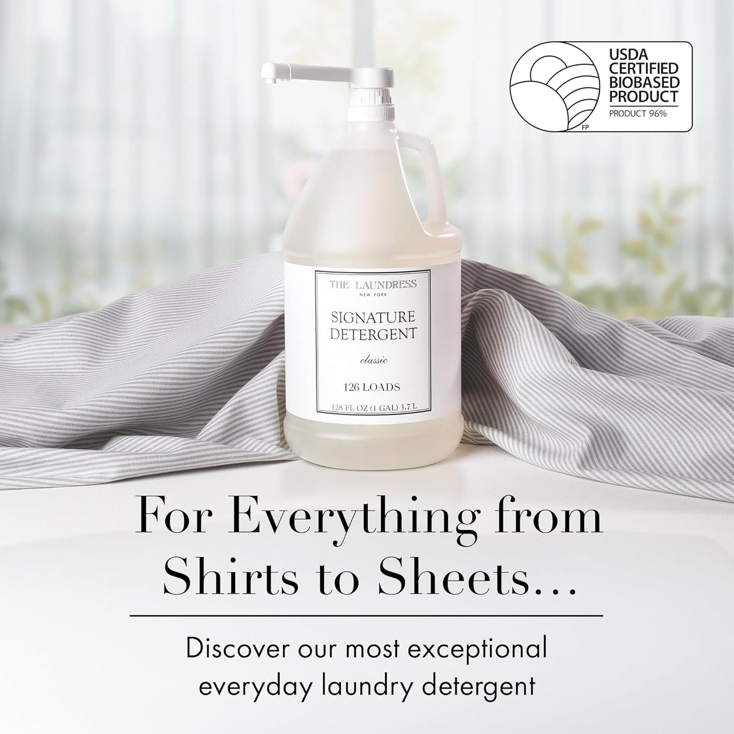 The Laundress Luxury Laundry Detergent, Gallon Pump, 126 Loads, Scented Signature Classic Fragrance, Concentrated Triple Enzyme Deep Cleaning and Targeted Stain Remover, 96% USDA Biobased Product