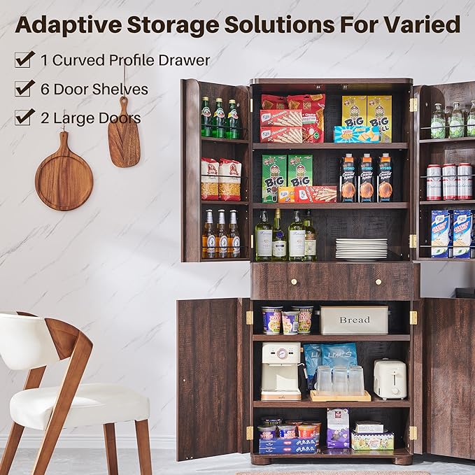 71" Tall Kitchen Pantry, Modern Curved Pantry Storage Cabinet with 4 Doors and 6 Adjustable Shelves, Cupboard for Kitchen, Dining Room, Living Room and Bathroom, Brown