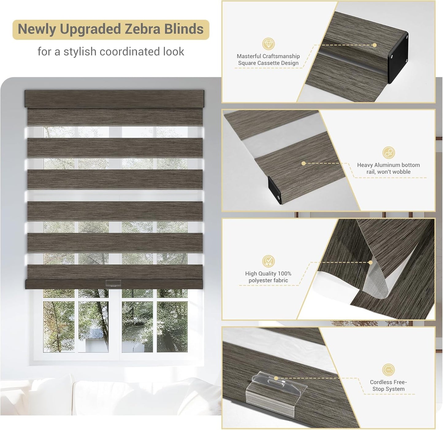 Cordless Zebra Blinds for Windows, Blackout Interior Blinds,Easy to Install,UV Protection,for Offices and Home,Custom Roller Shades, Mousse Dark Bown,68" W x 64" H