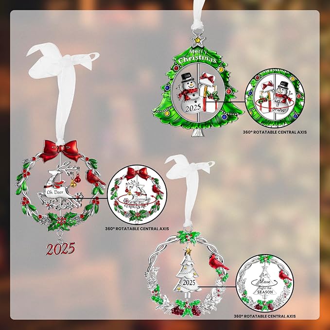 Christmas Tree Ornament Metal Silver Hanging Rotatable Design Charm Holiday Decorative Pendant Gift Keepsake (2025, 3 Piece Set)