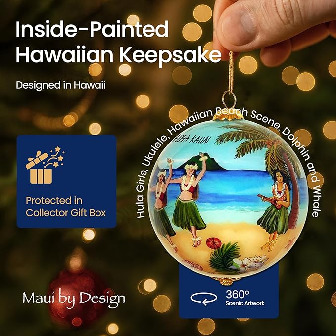 Collectible Kauai Hula Ornament Hand Painted Glass with Gift Box HU/K
