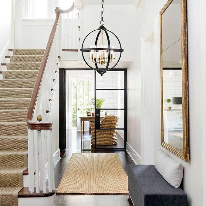 Treekee Rustic Chandelier, 17" Black and Gold Finish Glass Cover Luxurious Hanging Light, 4-Light Globe Vintage Pendant Ceiling Light Fixtures for Living Room Entry Way Dining Room