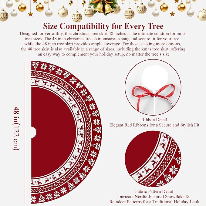 Christmas Tree Skirt 48 Inches | Red Xmas Tree Skirt with Rustic Snowflake & Reindeer Pattern, Fits 5 to 7 Foot Trees, Perfect Christmas Decorations for Holiday Trees.