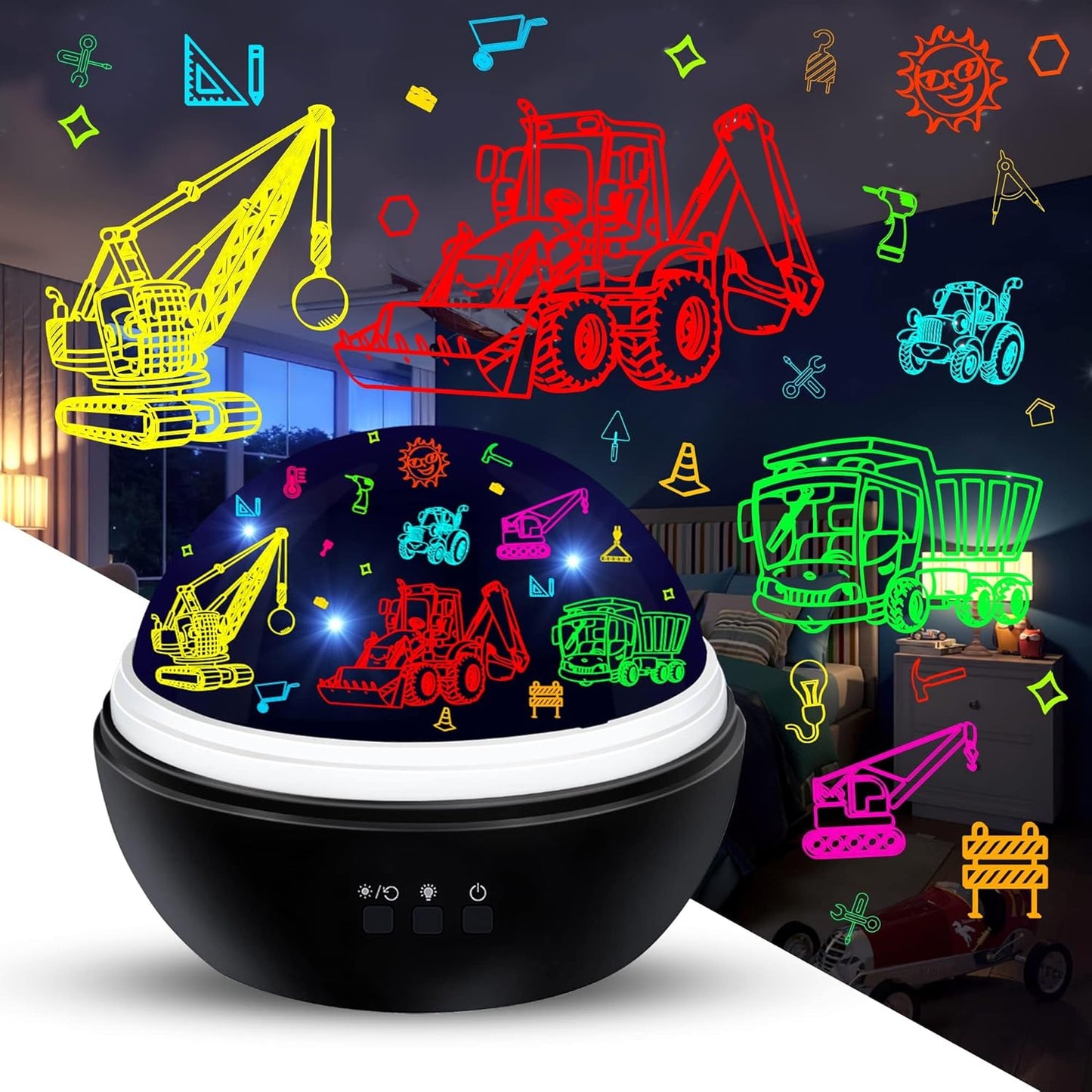 Night Light Projector for Kids Truck Toys for Boys, 360 Degree Rotation Baby Night Lights with Car and Star Theme, Birthday Party Festival Decor(Black)