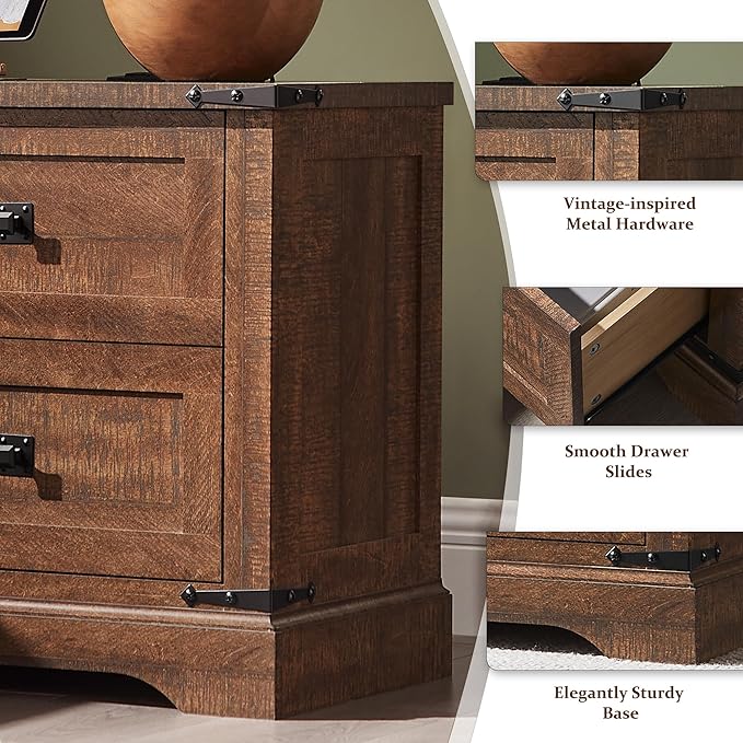 T4TREAM 24" Farmhouse Nightstand with Charging Station, Large End Table with 2 Storage Drawers, Rustic Wood Sofa Bedside Table for Bedroom, Reclaimed Barnwood Color