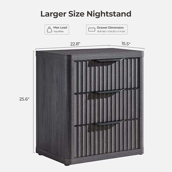 SICOTAS Night Stand Set of 2 Nightstands with 3 Drawers Storage Bedside Table Large Fluted Bed Side End Table Modern 25.6" Tall Wide Night Stands for Bedroom Living Room Sofa Couch Office
