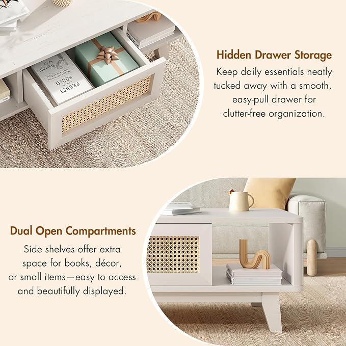 Soohow Coffee Table, Mid Century Living Room Tables with Storage, Modern Square with Rattan Drawer, Wooden Living Room Table with Solid Wood Leg