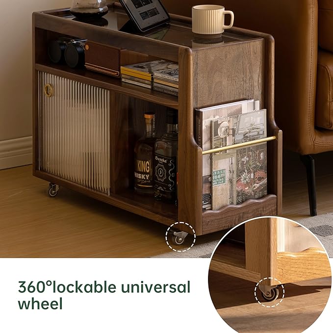 Solid Wood Side Table with Wheels, Narrow Side Table with Storage, Rolling Bedside Table for Bedroom Living Room Dining Room(Walnut, 27.95" D x 11.42" W x 19.88" H)