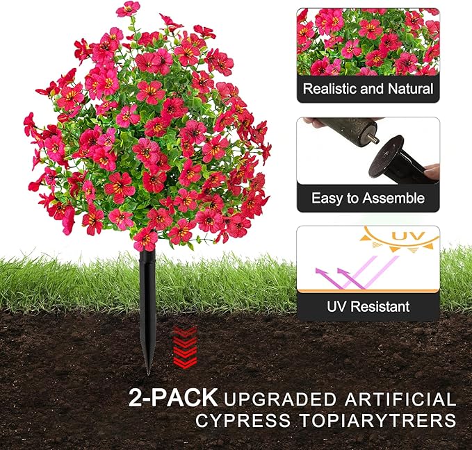 2Pcs 21" Artificial Boxwood Topiary Ball with Flowers Plants with Ground Spikes for Outdoor UV Resistant Realistic Fake Bushes Plants for Garden Yard Front Porch Patio Decor (Violet Rose red)