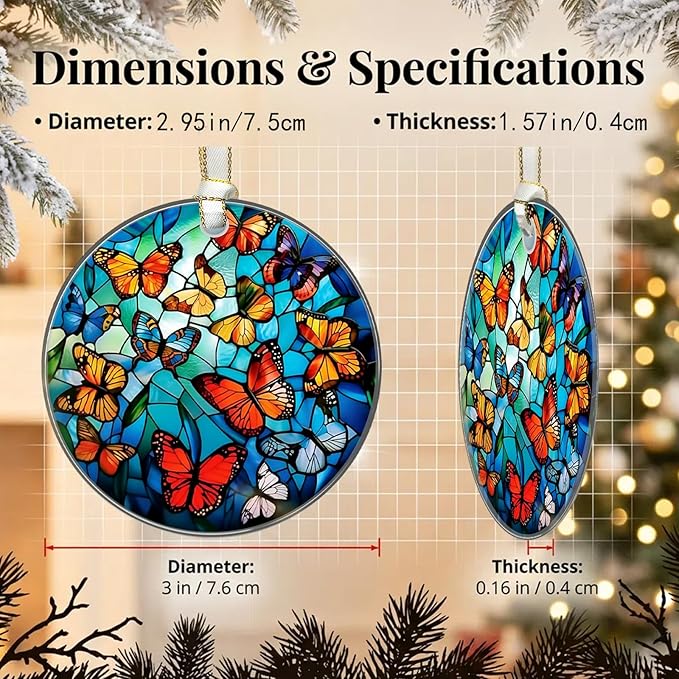 Butterfly Christmas Ornaments 2025, Stained Glass Christmas Tree Decorations, Exchange for Women, Men, Collectible Dated Year Ornaments for Tree - Glass Hanging Ornament