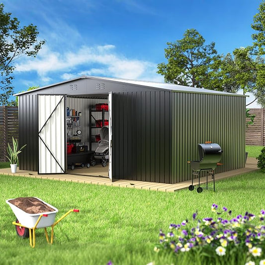 14 x 12FT Outdoor Storage Shed, Metal Waterproof Storage Shed Steel Utility Garden Tool Shed with Door & Lock Outdoor Storage,All-Weather Shelter for Bike, Gardening Tools, Lawn Mowers