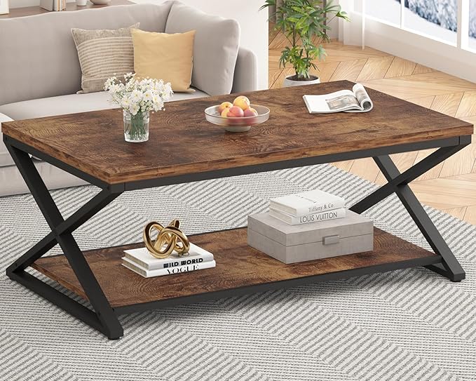 HSH Rustic Coffee Table with Storage Shelf, Industrial Metal Wood Living Room Table, Farmhouse Minimalist Rectangle Center Table, Vintage Simple 2 Tier Cocktail Tea Table, Rustic Brown, 47 Inch