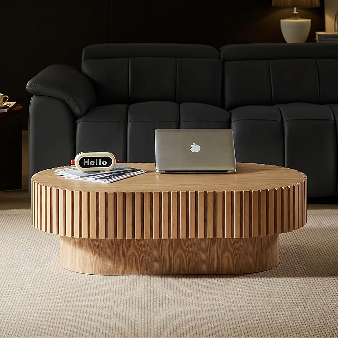 WILLIAMSPACE 43.7" Oak Oval Coffee Table, Mid Century Modern Luxury Wood Drum Center Table for Living Room, Handcraft Accent Side Tea Table for Apartment, 43.7"*24.8"*13.78"H (Oak)