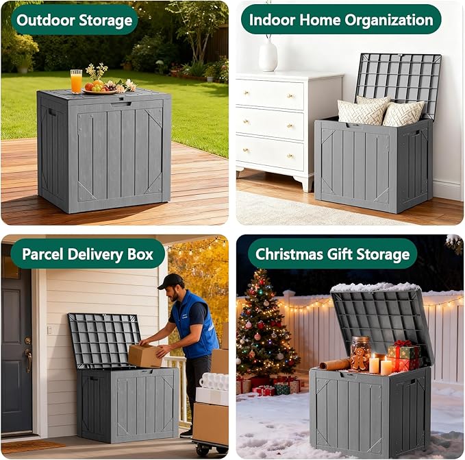 Outdoor Storage Box, 30 Gallon Deck Box Outdoor Storage Bench Outside Waterproof Resin Storage Bench, Lockable Patio Cushions, Garden Tools Storage For Furniture, UV Resistant (Gray)