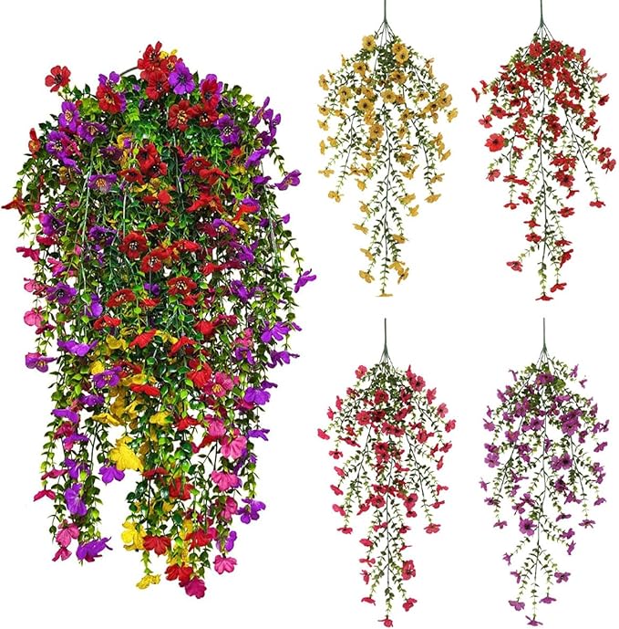EROCK Artificial Flowers for Outdoors, 4PCS Fake Silk Hanging Flowers for Decoration UV & Fading Resistant, Realistic Faux Plants & Flowers for Porch Patio Balcony Window Box Home Decor (Mix Colors)