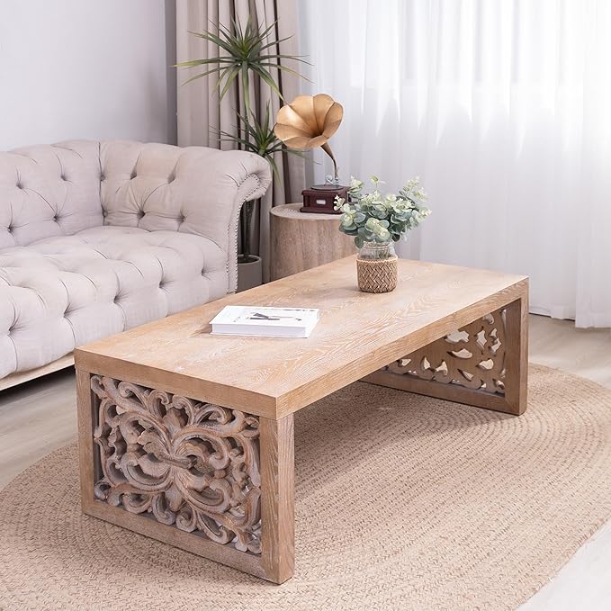Rectangular Coffee Table with Handcrafted Ornate Side Panels, Rustic Center Table with Solid Wood Veneered, Farmhouse Tea Table for Living Room Office Apartment,47.2" L x 23.6" W x 17.9" H