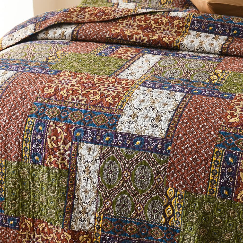 Cotton Bedspread Quilt Sets Reversible Coverlet Sets Comforters Vintage Bohemian Patchwork Bedspread (Brown, Queen Size)