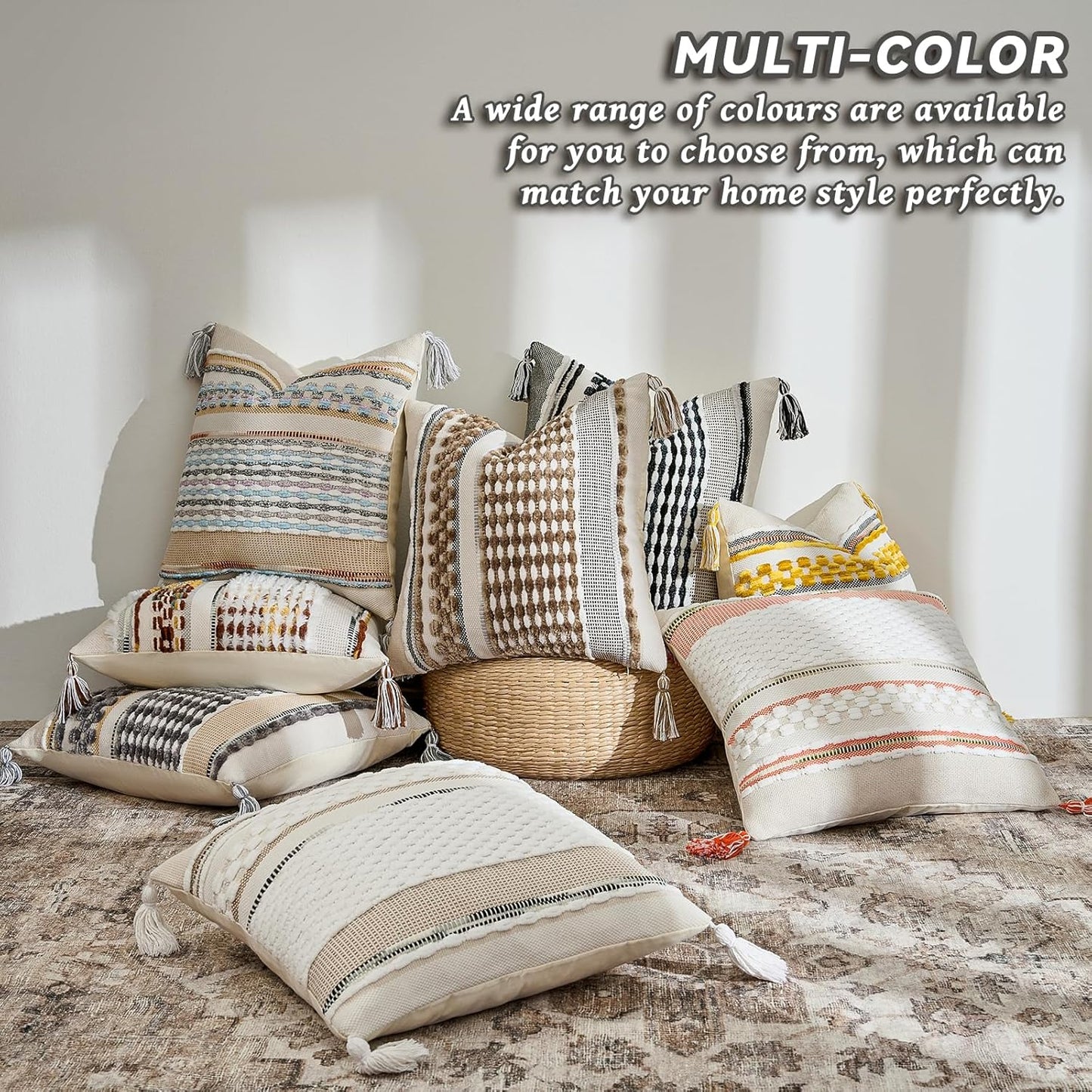 AmHoo Chenille Striped Textured Boho Throw Pillow Covers Aesthetic with Tassels Woven Decorative Pillow Case for Couch Bed Sofa Bedroom Modern Funky 18 x 18-Inch Grey White