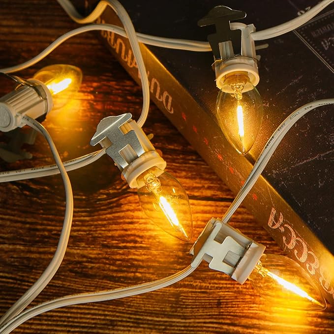 2Pack Accessory Cord with 12 LED Light Bulbs and Outlet Christmas Village Light 11.6FT White Cord with Spare Fuse Warm White C7 Lamp for Halloween Pumpkins Christmas Village Houses Craft Decoration